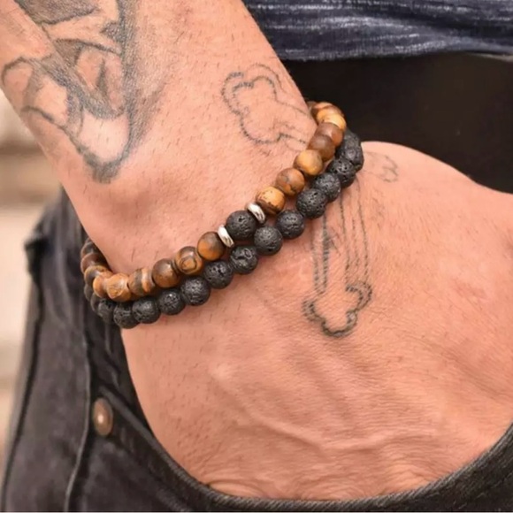 Double Black Lava Stone Beads bracelet For Men Wood Beaded Charm For Men